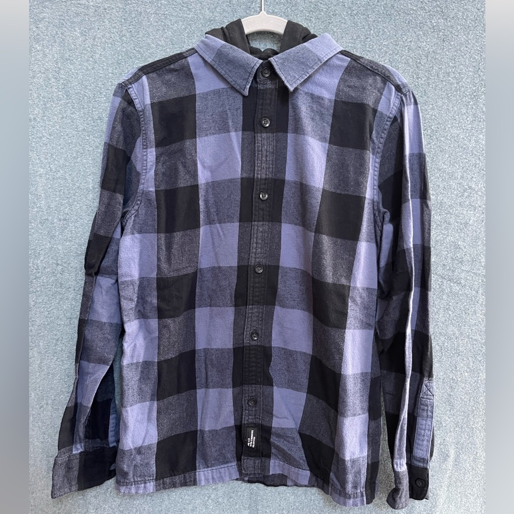 Hollister Men’s Small Blue and Black Button-Up Flannel with Hood